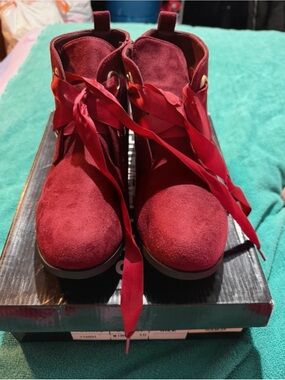 Burgundy Suede Ribbon Lace Ankle Booties